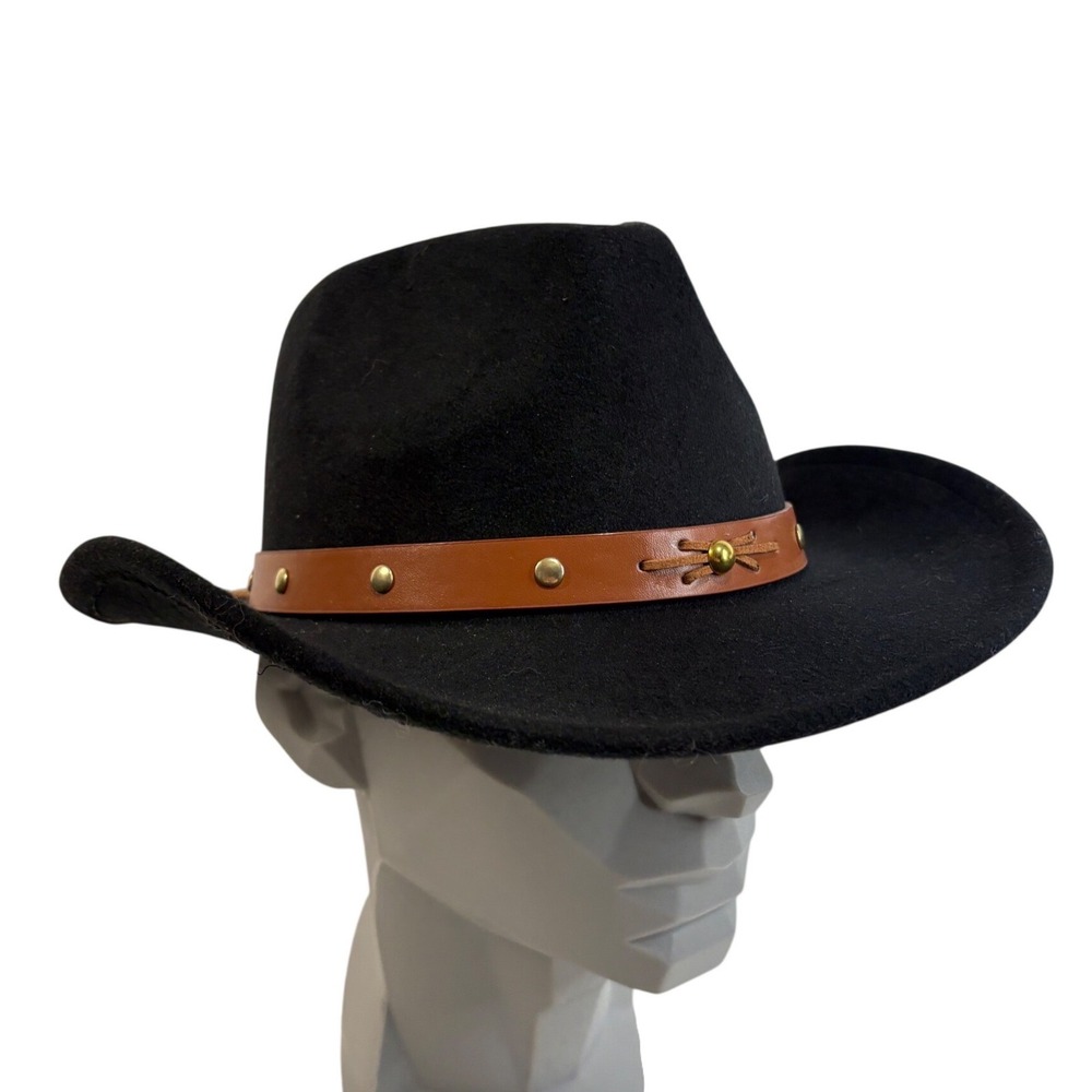 Vince‎ Camuto Womens Black Felt Western Cowboy Hat Studded Leather Band O/S